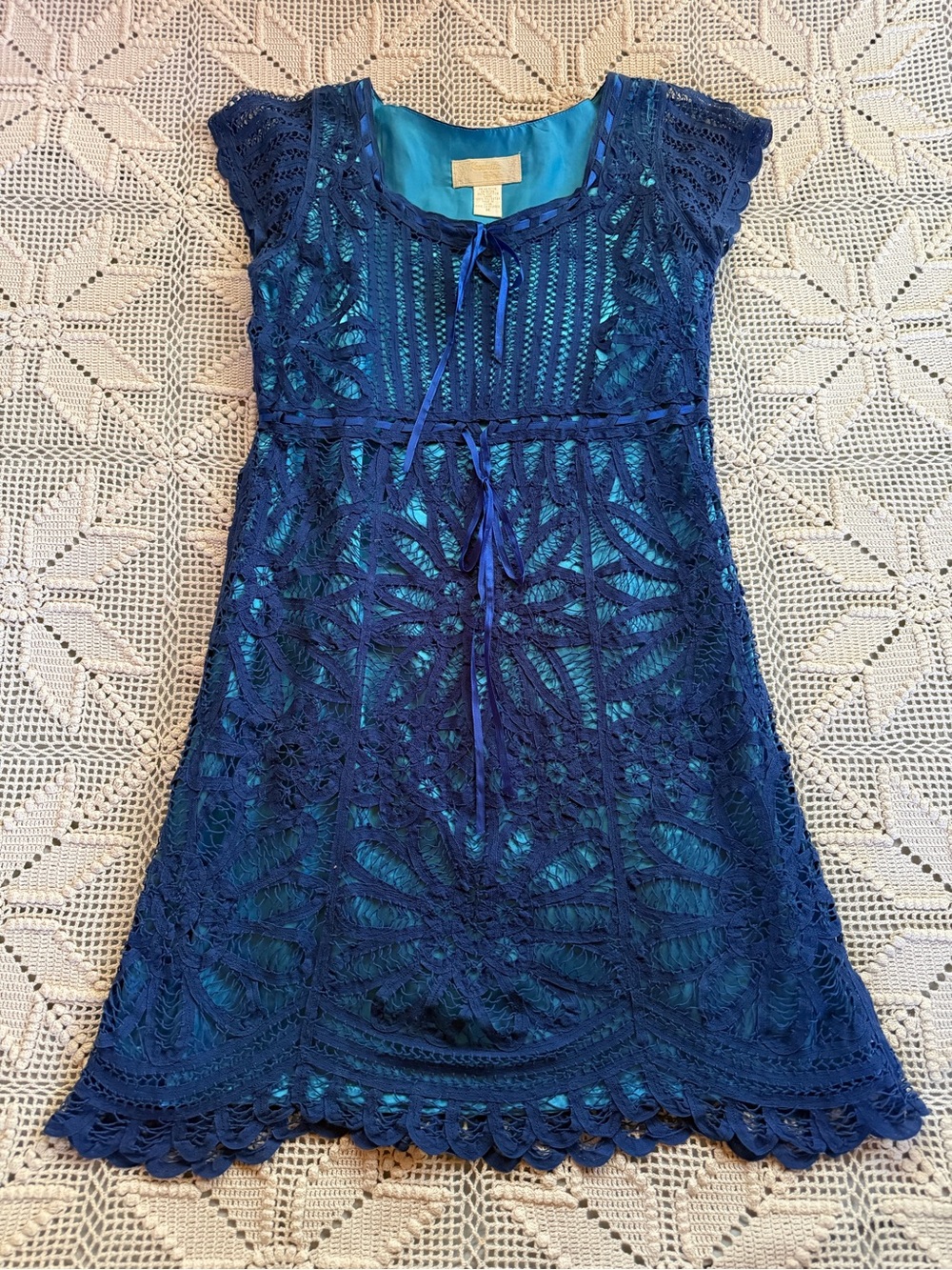 A. Byer Teal Blue Satin Lined Dress with Navy Trim